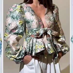 AKIRA Floral Brocade Tie-Front Blouse With Breathtaking Shimmery Colors